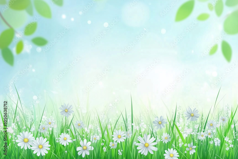 Spring themed background illustration with trees and flowers and a bright blue sky as copy space. Spring themed background illustration with trees and flowers and a bright blue sky as copy space.