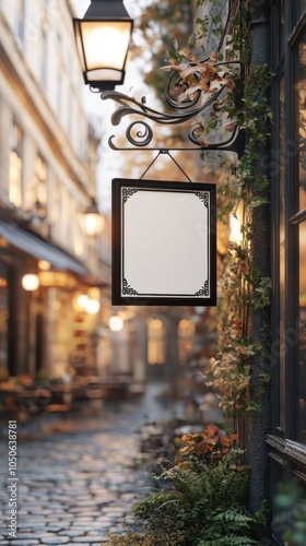 Modern signage hangs from a vintage bracket outside a quaint bookstore on a picturesque street photo