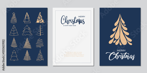 Christmas invitation card design vector. Christmas tree, snowflake on navy blue background. Design illustration for cover, poster, wallpaper, greeting card.