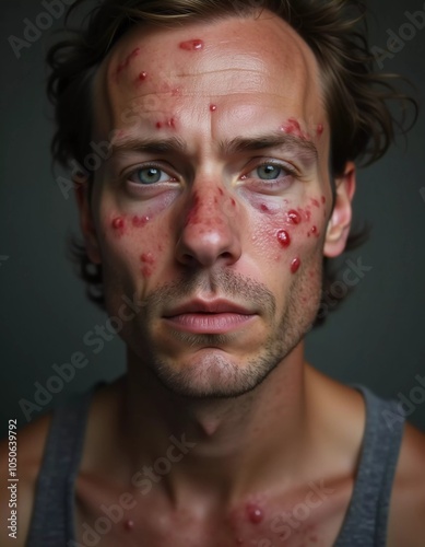 A close-up portrait of a man displaying pimple-like lesions on his face, indicative of monkeypox. His expression conveys concern about the symptoms he is experiencing. Generative AI