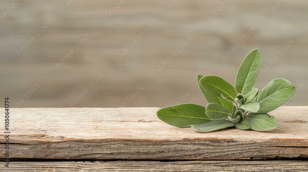 Obraz premium Fresh sage leaves on a rustic wooden board, copy space, Spice photography