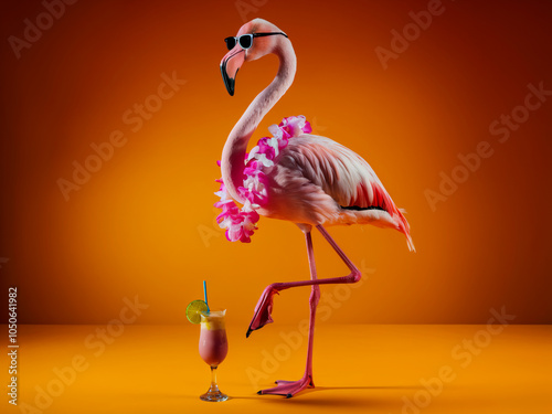 Flamingo wearing sunglasses with cocktail on orange background