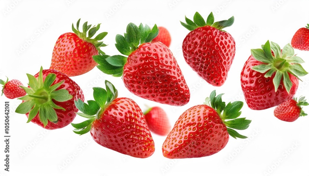 Strawberries and Sliced Strawberries Flying in the Air – Isolated on White Background