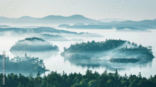 A tranquil view of the San Juan Islands in Washington State with calm waters and lush green islands surrounded by fog, island setting with peaceful isolation, Foggy style