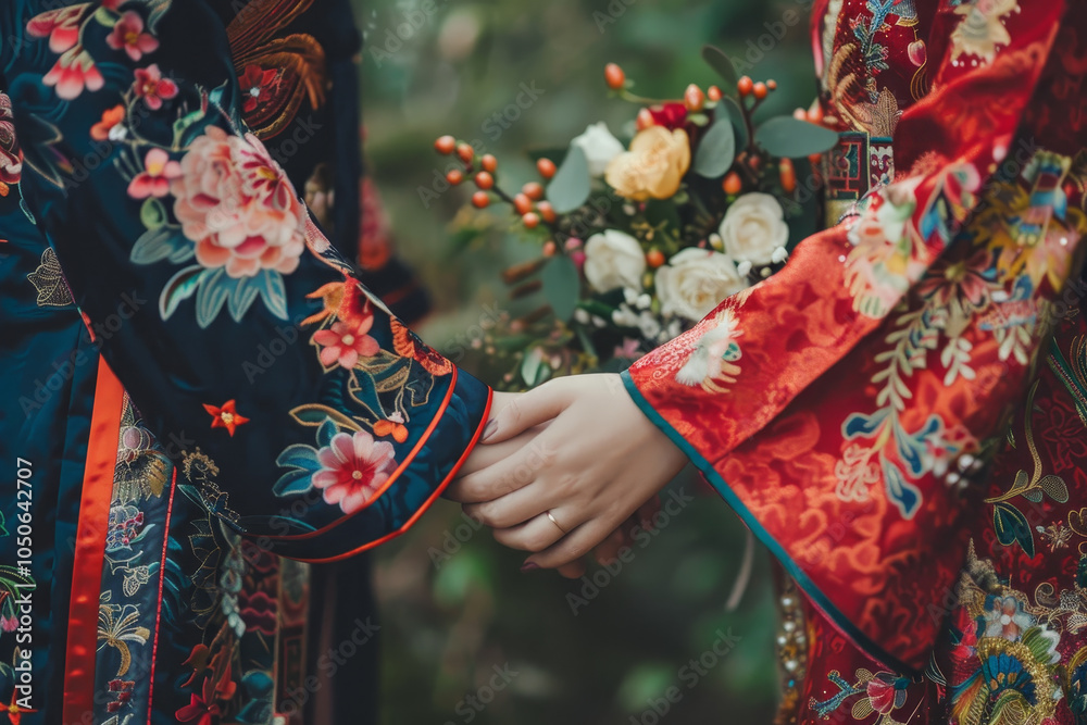 Naklejka premium A couple dressed in ornate traditional attire is holding hands, surrounded by lush greenery. They are likely celebrating their love amidst blooming flowers, capturing a moment of intimacy