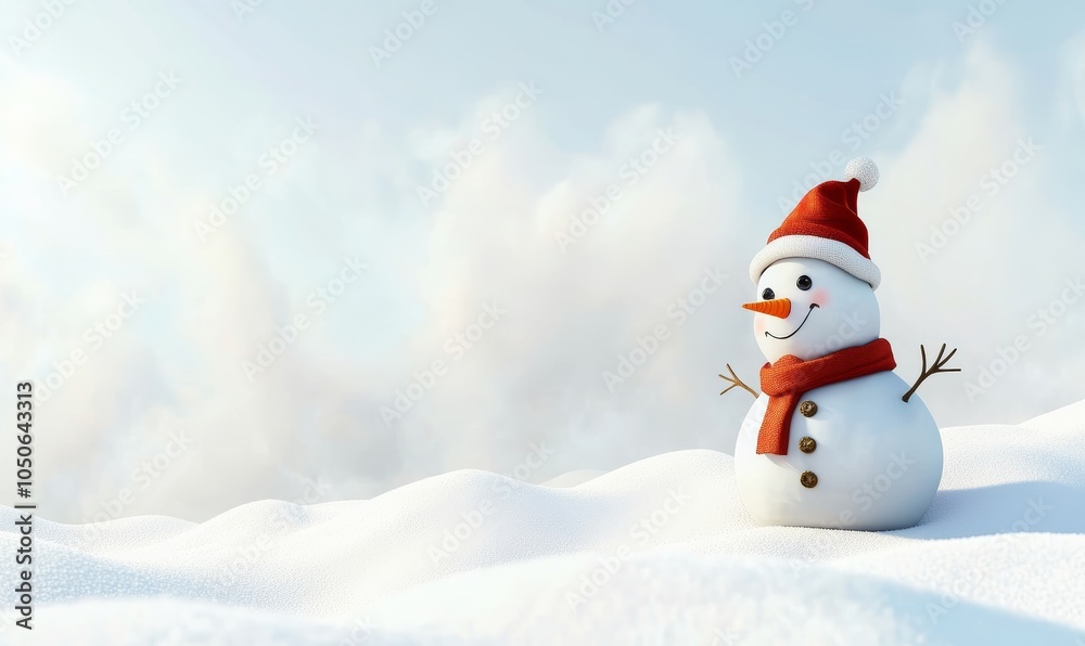 Obraz premium Cute Snowman in Santa Hat on Snowy Field