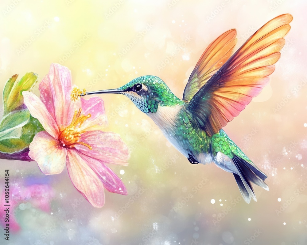 Obraz premium Hummingbird in midflight, colorful wings frozen in motion, sipping nectar from a flower, bright background, wildlife, delicate beauty