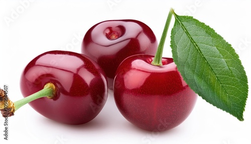 Pile of Fresh Red Sweet Cherries on White Background photo