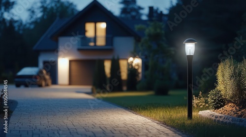 Wallpaper Mural Outdoor floodlight with builtin camera, illuminating a driveway at night, modern house visible, outdoor security, dual functionality Torontodigital.ca