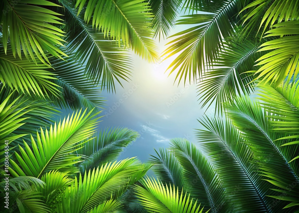 Naklejka premium Fresh Green Tropical Plants Overlay with Palm Tree Leaves for Natural Décor and Design Elements