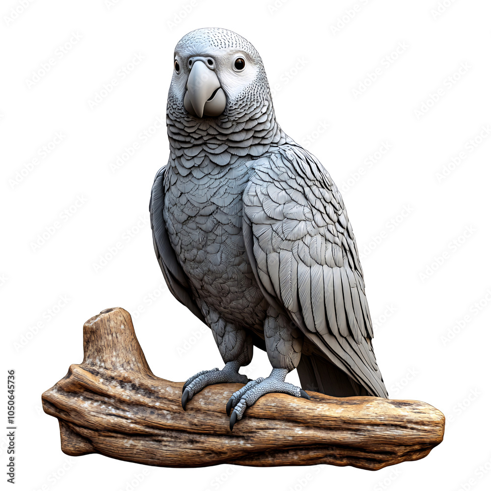 Fototapeta premium A gray parrot perched on a branch, looking directly at the camera isolated on transparant background. Generative ai