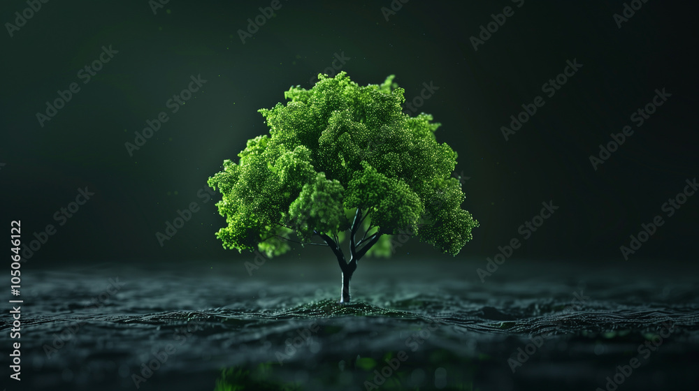 A tree is the main focus of the image, standing alone in a dark background. The tree is green and he is the only living thing in the scene. Scene is calm and peaceful, as the tree stands tall A tree is the main focus of the image, standing alone in a dark background. The tree is green and he is the only living thing in the scene. Scene is calm and peaceful, as the tree stands tall