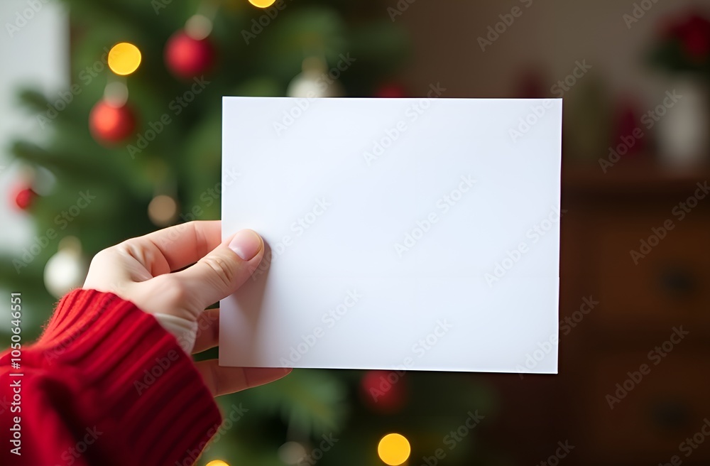 Man holding Christmas card with free space for text. Christmas mock up. Christmas tree in the background. Man holding Christmas card with free space for text. Christmas mock up. Christmas tree in the background.