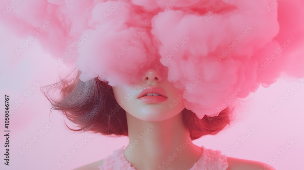 Up close girl with a pink pastel cloud over her head