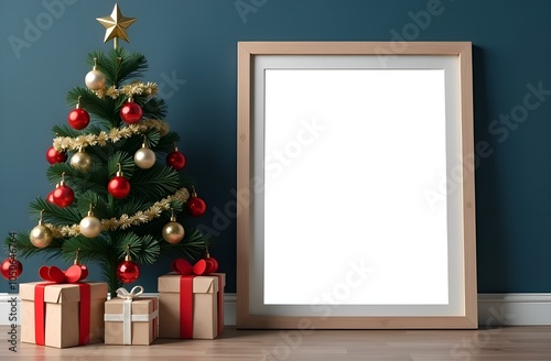 Christmas mock up with free space for text. Christmas tree and decorations with gift boxes. Copy space. Dark blue background.
