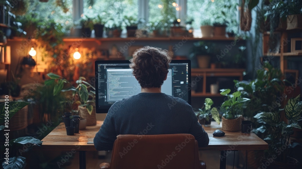 Naklejka premium Man Working on a Computer with a Green Background