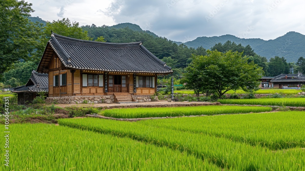 Traditional Korean House in Rice Paddy Field Traditional Korean House in Rice Paddy Field