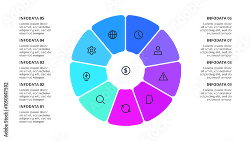 Circle elements of graph, diagram with 9 steps, options, parts or processes. Template for infographic, presentation.