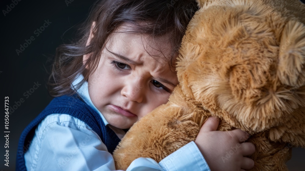 Child hugging teddy bear with a sad expression, emotional moment captured. Child hugging teddy bear with a sad expression, emotional moment captured.