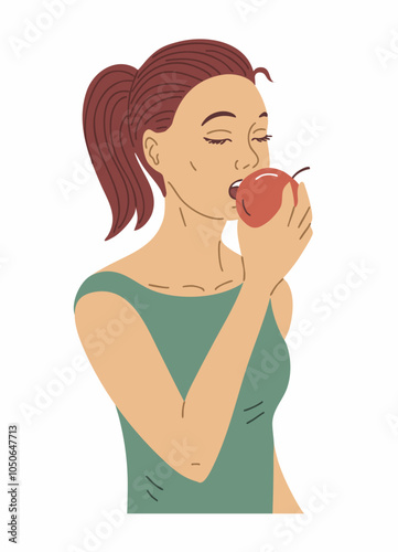 A young girl eats an apple. Healthy eating and lifestyle. Fresh ripe fruit. Natural dietary food with vitamins. Vector illustration isolated on white background