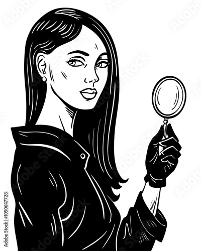 Beautiful young woman detective wearing a magnifying glass in his hand. Retro style. Search, investigation and evidence. Agent spy. Vector black and white illustration. Hand drawn comic style