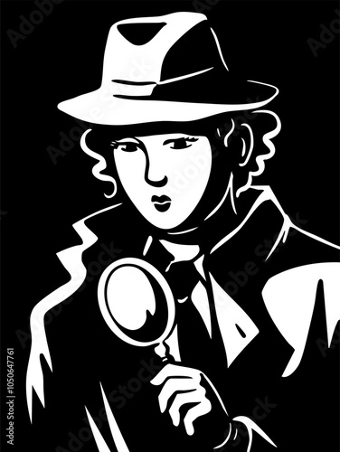Young woman detective wearing a hat and a magnifying glass in his hand. Retro style. Search, investigation and evidence. Agent spy. Vector black and white illustration. Hand drawn comic style