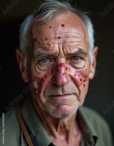 A close-up portrait of a man displaying pimple-like lesions on his face, indicative of monkeypox. His expression conveys concern about the symptoms he is experiencing. Generative AI