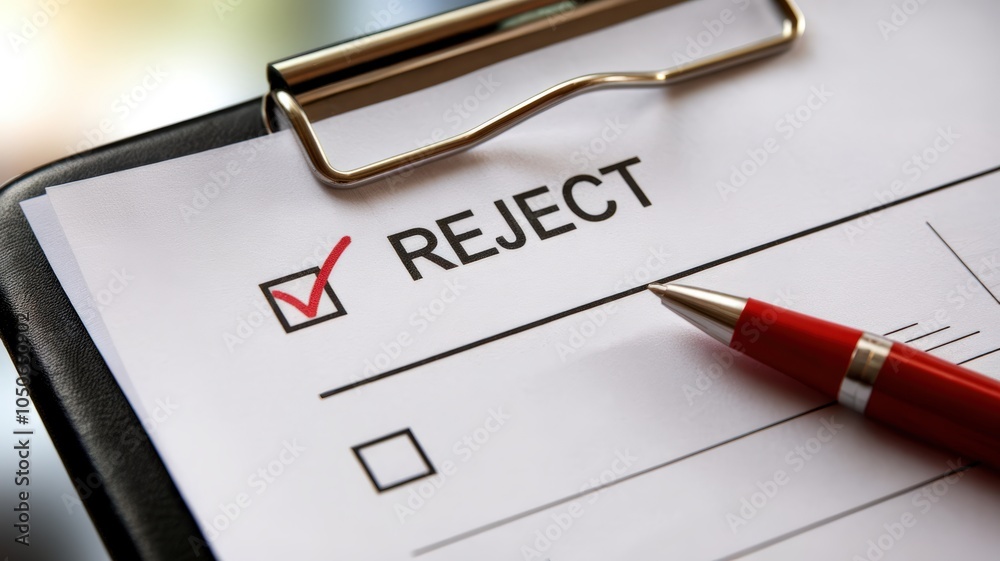 Document with reject checkbox ticked, pen placed on clipboard, white background. Document with reject checkbox ticked, pen placed on clipboard, white background.