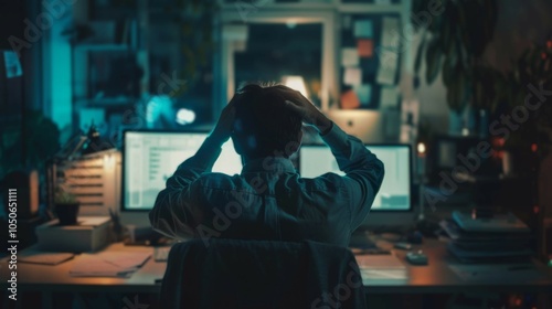 Overworked Entrepreneur Experiencing Stress at Night Desk