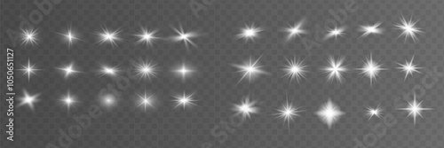Glow isolated white transparent starlight effect set, lens flare, explosion, line, sun flash, glitter, spark and stars. Abstract special effect element design