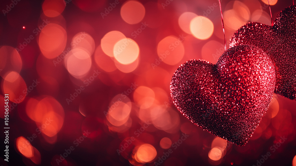 Glittery red hearts with bokeh lights on red background Glittery red hearts with bokeh lights on red background