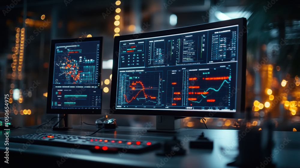 Data analysis and digital controls in modern workspace with screens displaying graphs and metrics Data analysis and digital controls in modern workspace with screens displaying graphs and metrics