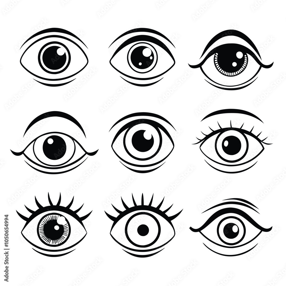 Black and white vector cartoon eyes in various poses, minimalist design for digital use Black and white vector cartoon eyes in various poses, minimalist design for digital use