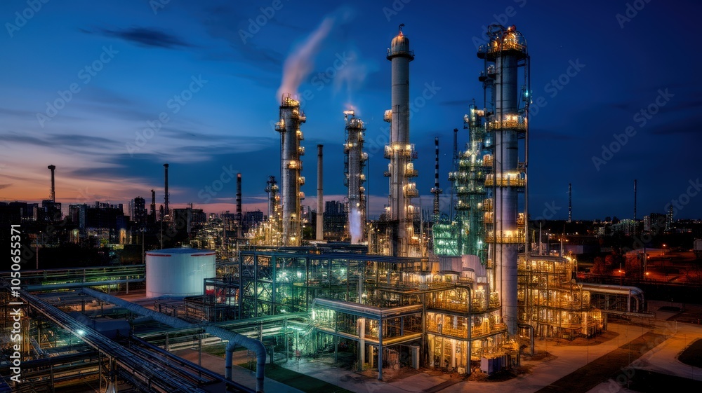 Oil refinery at dusk with illuminated towers and smoke against a twilight sky.