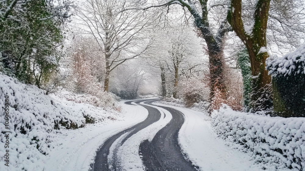 Narrow snowy road meanders through tranquil trees creating a peaceful winter escape Narrow snowy road meanders through tranquil trees creating a peaceful winter escape