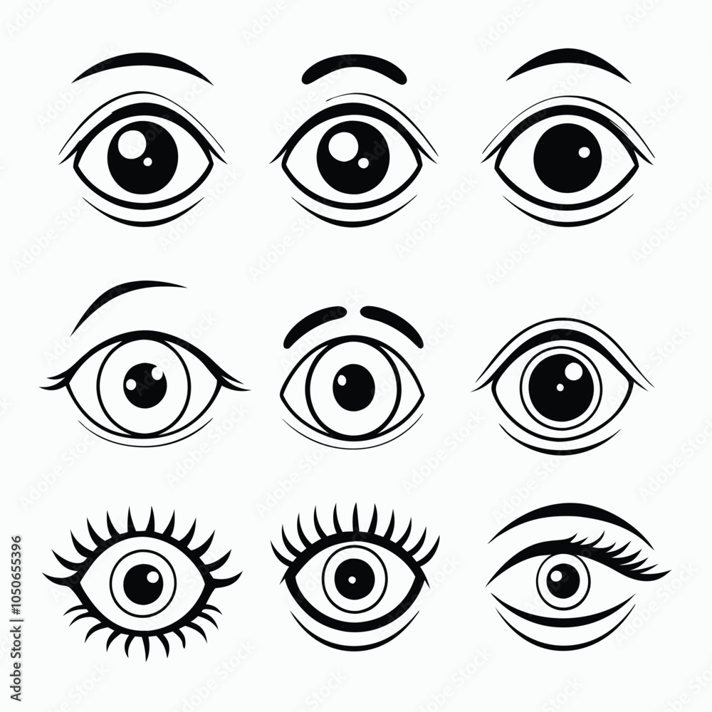 Fototapeta premium Black and white vector cartoon eyes in various poses, minimalist design for digital use