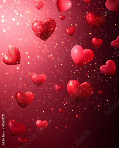 Floating glitter hearts on sparkling red background