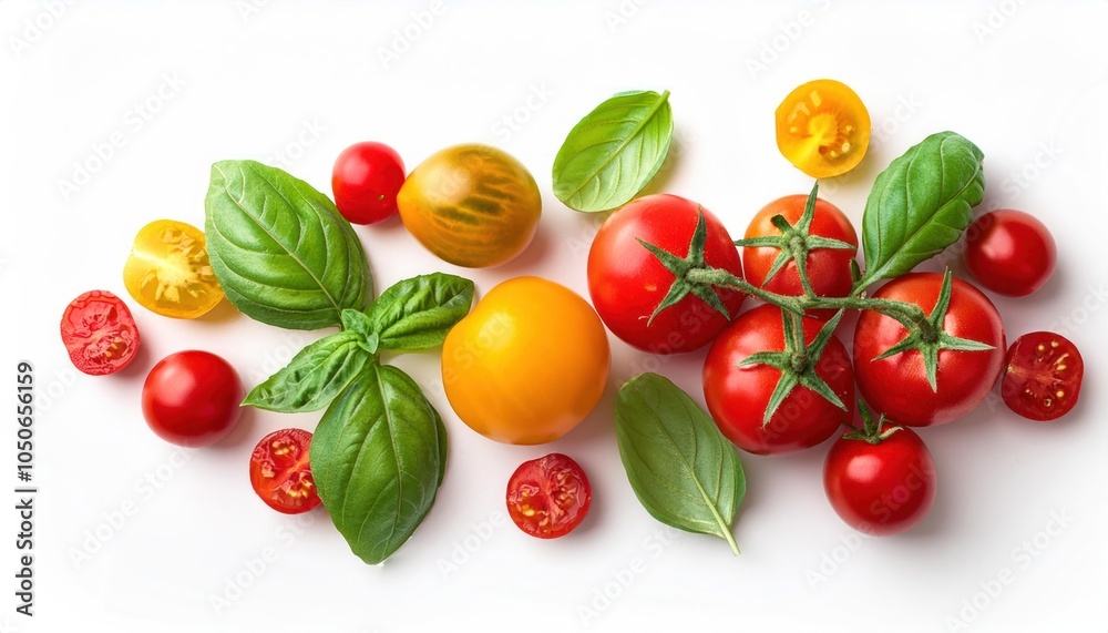 custom made wallpaper toronto digitalVarious Colorful Tomatoes and Basil Leaves – Isolated on White Background, Top View