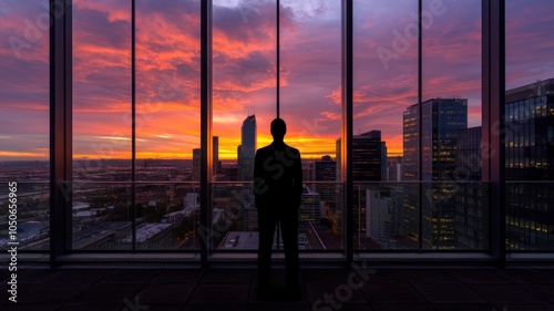 Silhouette of a person gazing at a stunning sunset over a city skyline.