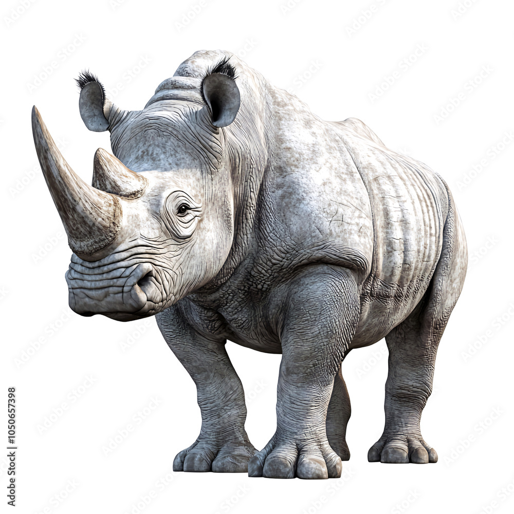 Fototapeta premium A white rhinoceros stands on a black background, its thick, wrinkled skin and powerful horns clearly visible. Generative ai