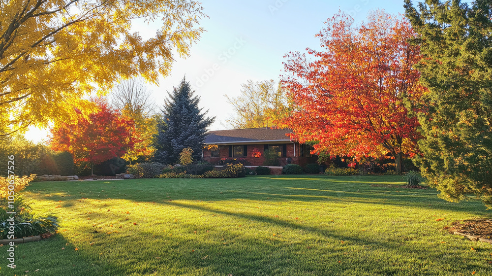 Obraz premium Sunlight shining through colorful autumn leaves in a serene garden