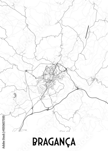 Map of Bragança, a city in Portugal. The map showcases the city's intricate network of roads, streets, and waterways.