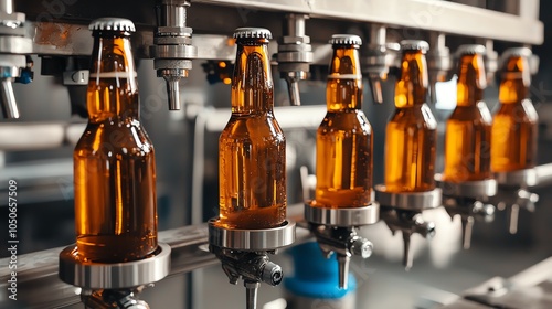 Bottling machinery filling glass bottles with beer in a brewery, beer production line, beverage manufacturing