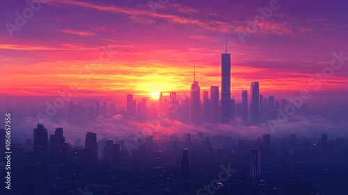 A vibrant sunset casts a warm glow over a city skyline, with clouds and fog adding a dramatic atmosphere.