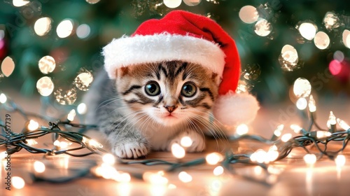 Festive kitten by glowing Christmas lights