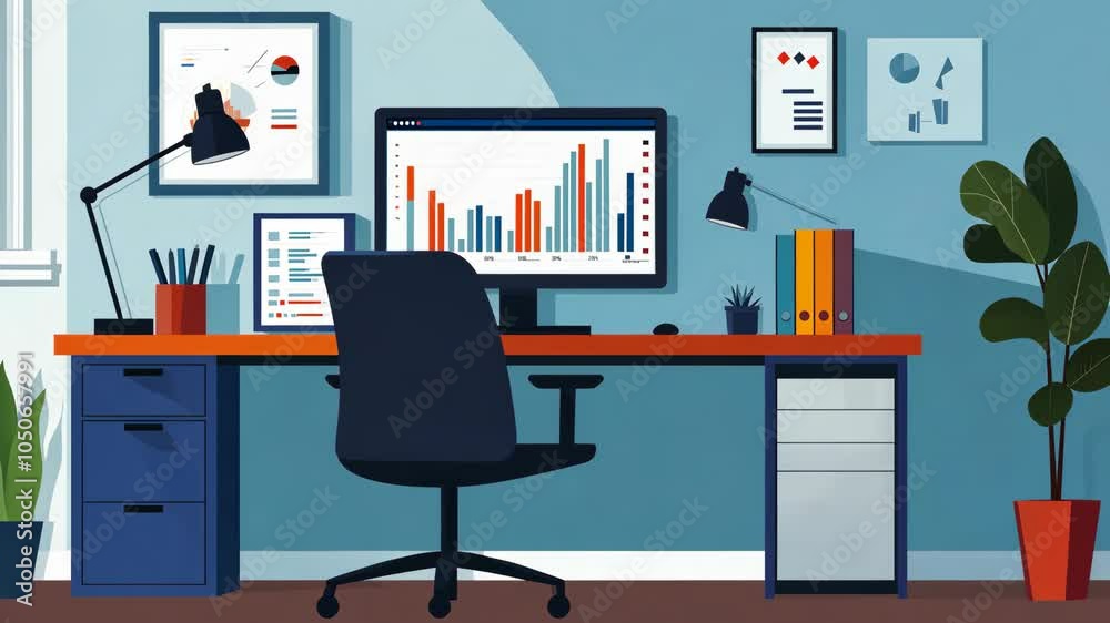 A modern office desk with a computer showing a bar graph, two lamps, and a potted plant