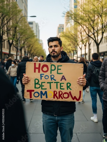 Young Activist Holding Colorful Sign for a Better Tomorrow in a Crowded Urban Protest