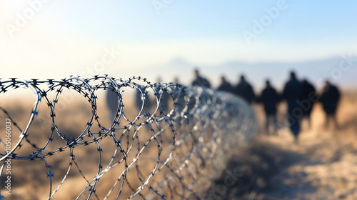 barbed wire fence, symbolizing boundaries and protection, with a blurred group of people in the background, evoking themes of division, security, and vulnerability photo