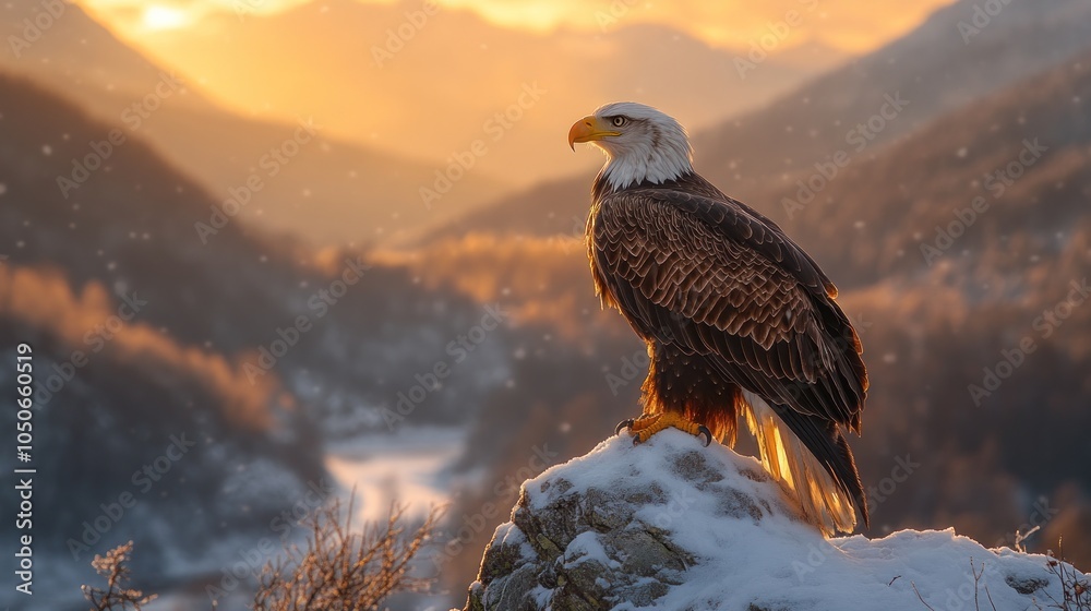 Fototapeta premium A majestic bald eagle stands on a snowy mountain peak at sunrise.