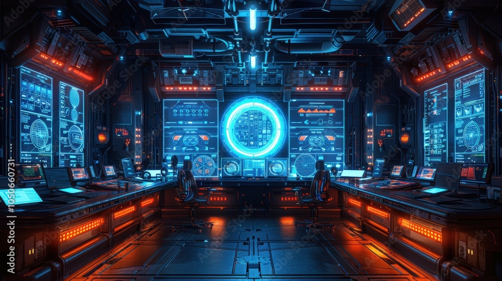 Obraz premium Futuristic Control Room with High-Tech Interfaces